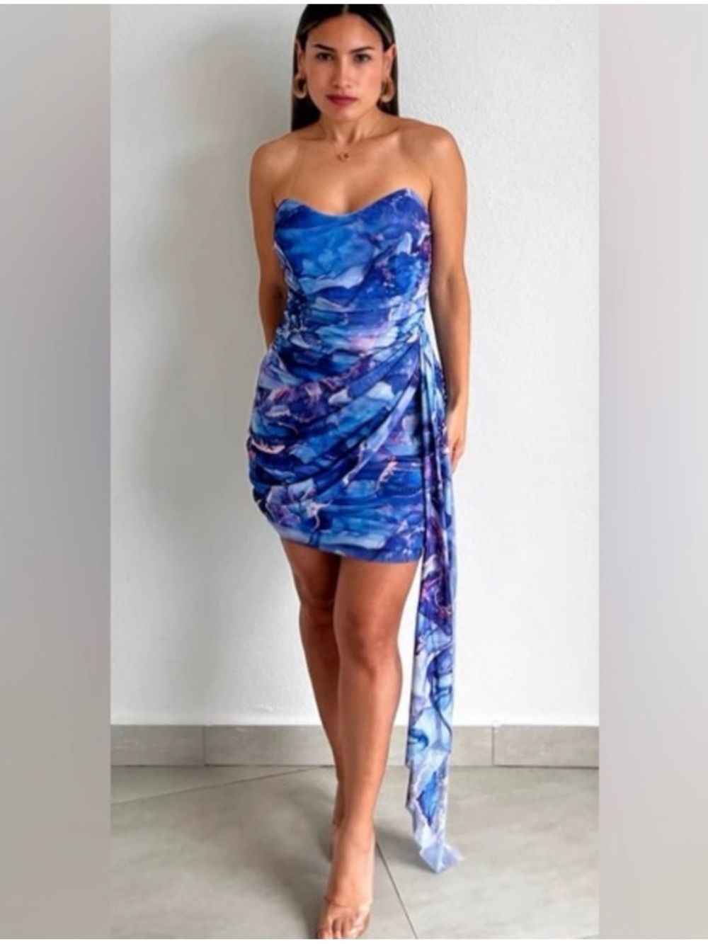 LUXEL Blue Abstract Ruched Mini Dress Like New